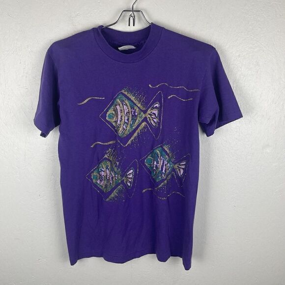 Vintage Single Stitch Hanes‎ 50-50 Purple Fish 80s Short Sleeve T-Shirt Size S - Picture 5 of 7